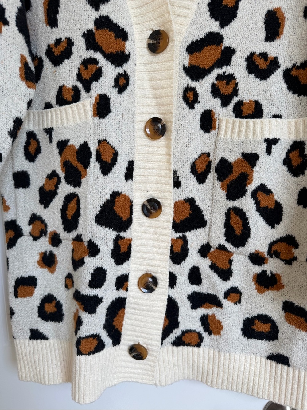 Leopard Print Button-Front Cardigan Sweater - Cream/Brown - Picture 2 of 4